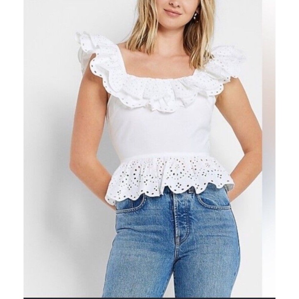 Express Open Back Eyelet Ruffle Peplum Top Short Sleeve Blouse - Size XS